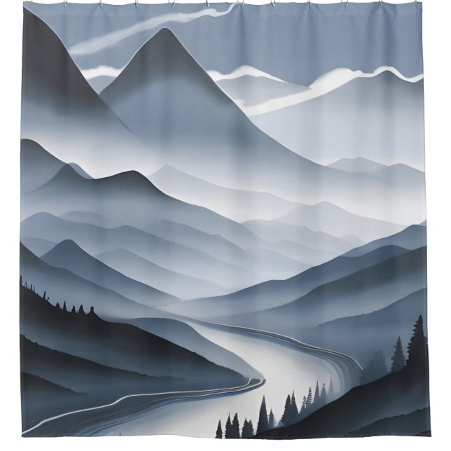 Chinese Painting Misty Landscape With River Shower Curtain (Front)