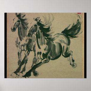 Chinese painting of 2 horses poster