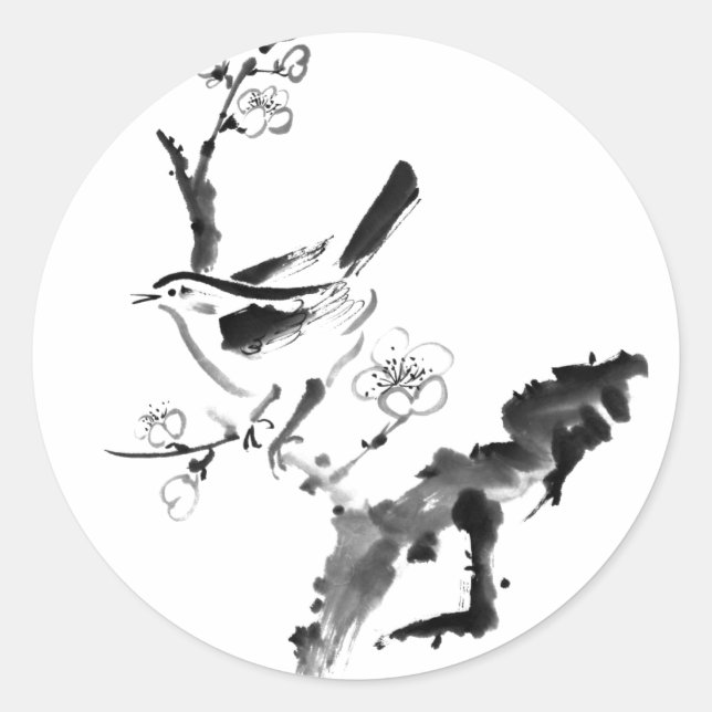 Chinese painting , plum blossom and bird classic round sticker (Front)