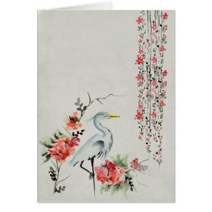 Chinese Painting Stork and Pink Flowers