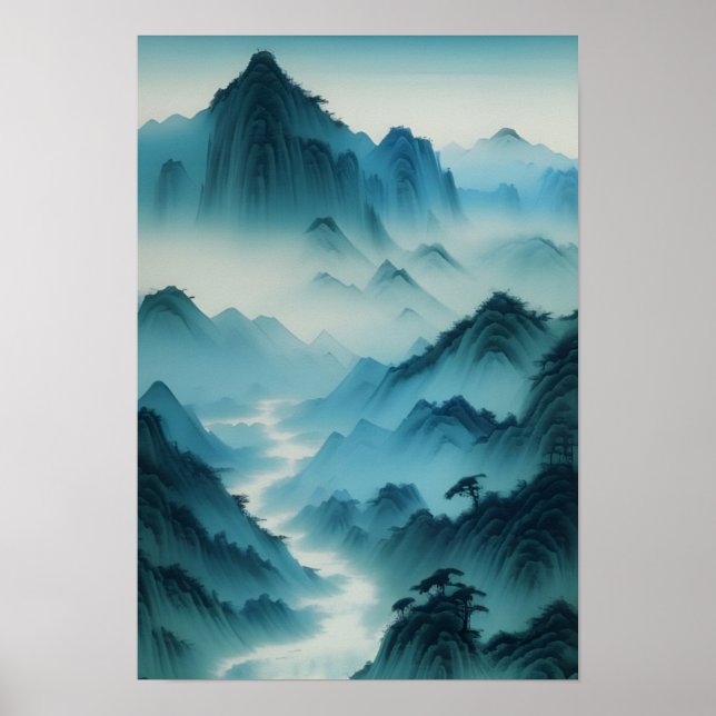 Chinese Painting  Teal Blue Misty Landscape  Poster (Front)
