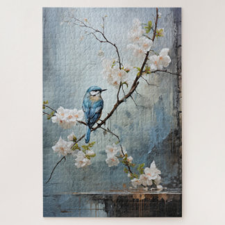 Chinese Painting with Blue Birds and Flowers Jigsaw Puzzle