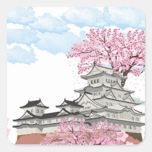 "Chinese Palace with Sakura Trees – Elegant Orient Square Sticker