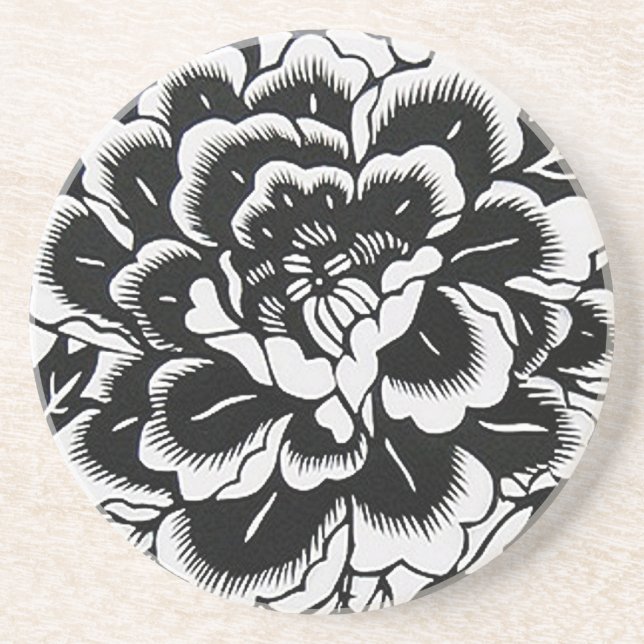 Chinese Paper-Cut Peony in Black Coaster (Front)