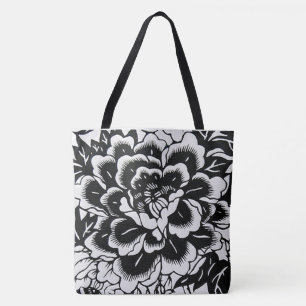 Chinese Paper-Cut Peony in Black Tote Bag