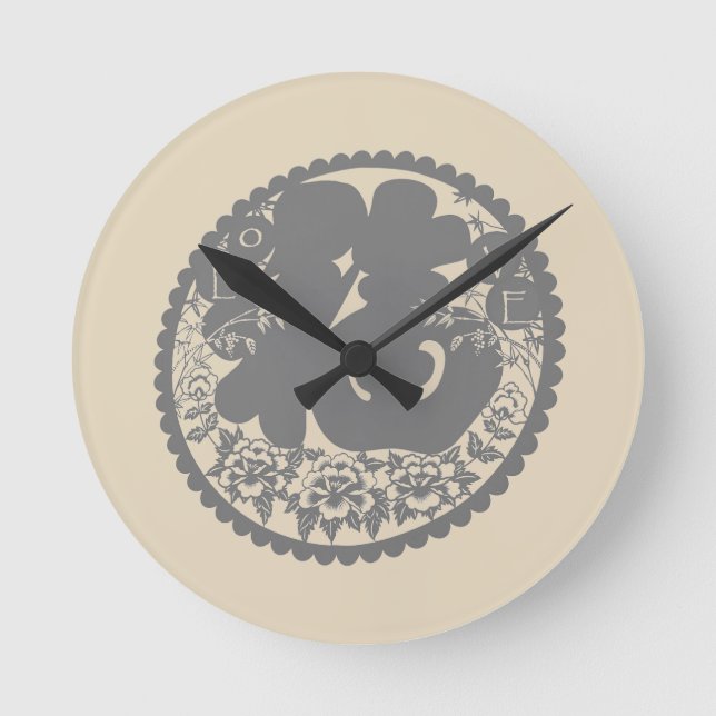 Chinese Paper Cutting Calligraphy Art Pattern Round Clock (Front)