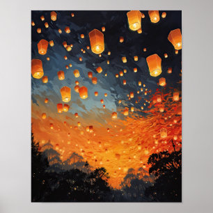 Chinese Paper Lanterns Landscape Art Print Poster