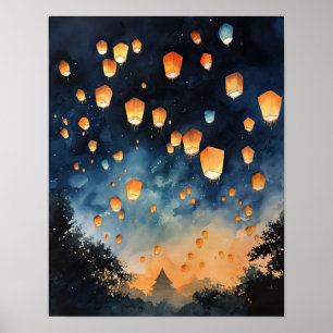 Chinese Paper Lanterns Landscape Art Print Poster