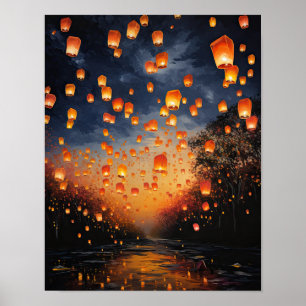 Chinese Paper Lanterns Landscape Art Print Poster