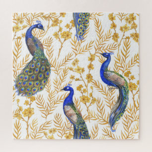 Chinese peacocks, golden sakura, watercolor. jigsaw puzzle