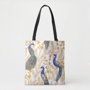 Chinese peacocks, golden sakura, watercolor. tote bag