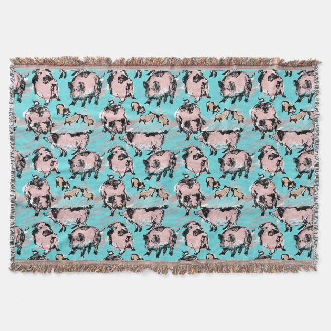 Chinese Pig Year 2019 Original drawing Blue Throw Blanket (Front)