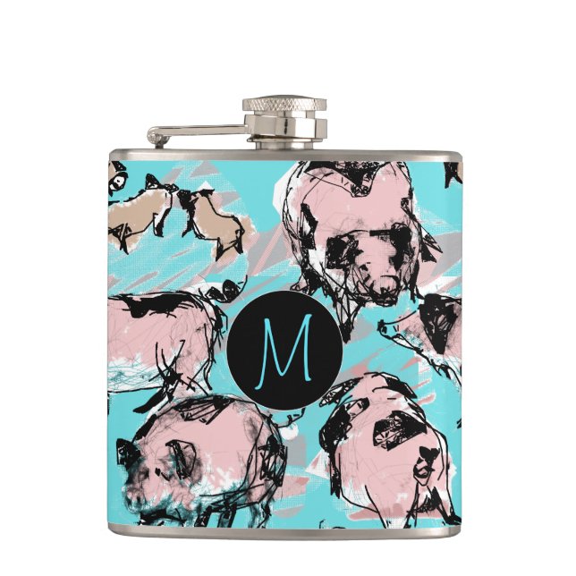 Chinese Pig Year Birthday Original Monogram Blue F Hip Flask (Front)
