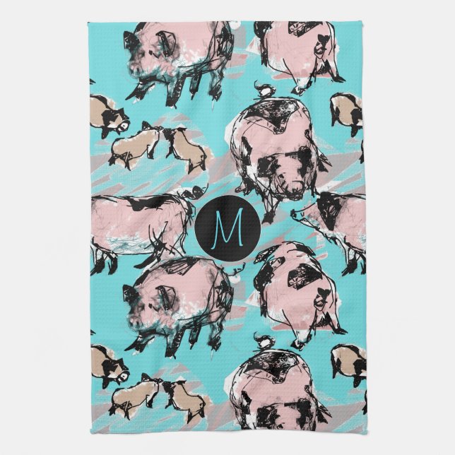 Chinese Pig Year Zodiac Original Monogram Blue K T Tea Towel (Vertical)