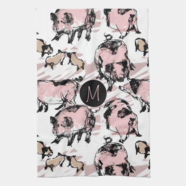 Chinese Pig Year Zodiac Original Monogram Kitchen Tea Towel (Vertical)
