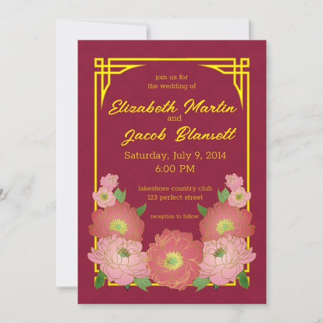 Chinese Pink Peonies Wedding Invitation (Front)