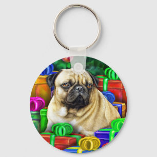 Chinese Pug Christmas Open Gifts NOW Key Ring