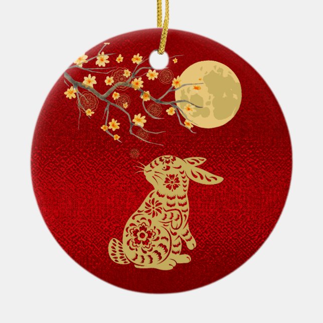 Chinese Rabbit Moon Red Foil Ceramic Tree Decoration (Front)