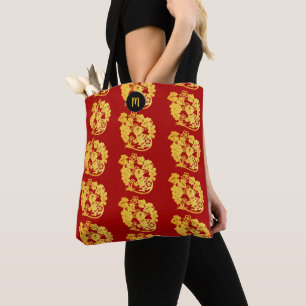 Chinese Rat Year Zodiac Gold Paper-cut Monogram T4 Tote Bag