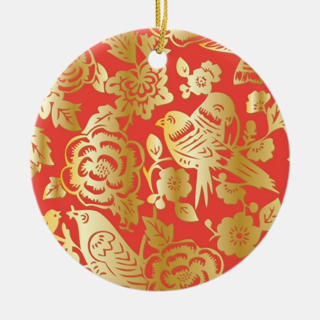 Chinese Red and Gold Porcelain Pattern Ceramic Tree Decoration (Front)