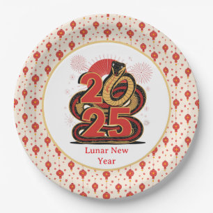 Chinese red Gold Happy Lunar New Year Of The Snake Paper Plate
