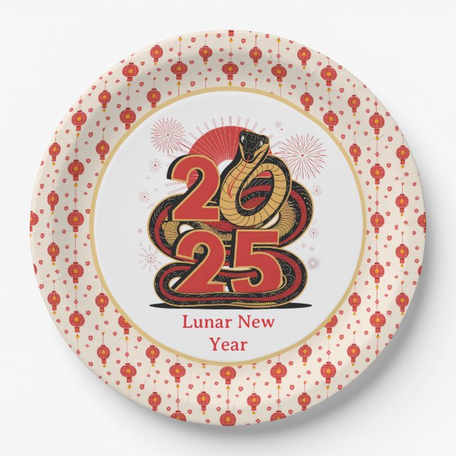 Chinese red Gold Happy Lunar New Year Of The Snake Paper Plate (Front)