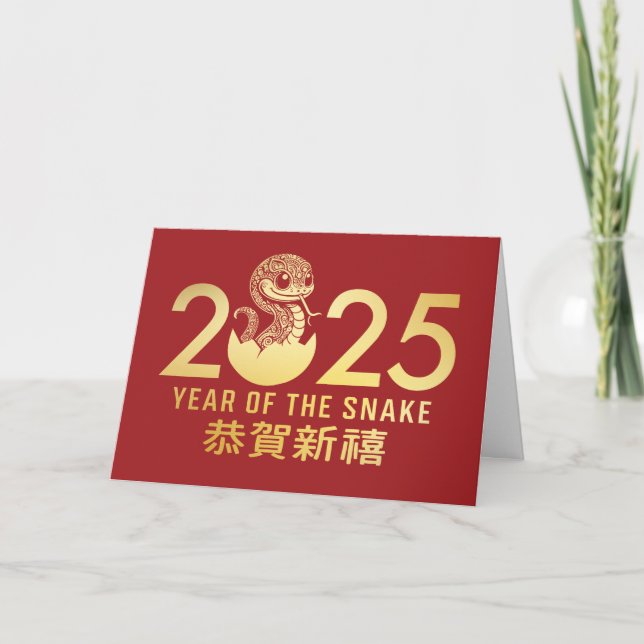 Chinese Red Gold Lunar New Year of the Snake 2025 Holiday Card (Front)