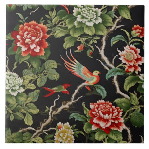 Chinese red green floral pattern tile