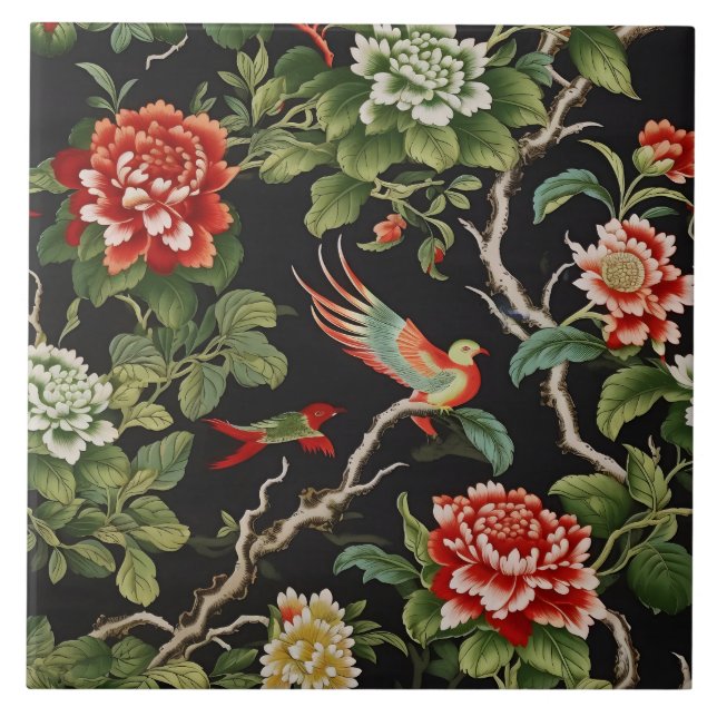 Chinese red green floral pattern tile (Front)