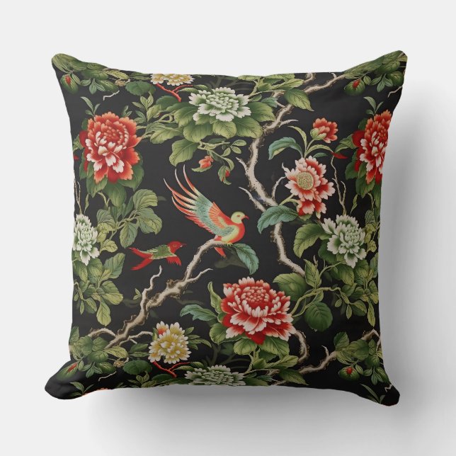 Chinese red green floral Throw Pillow (Front)