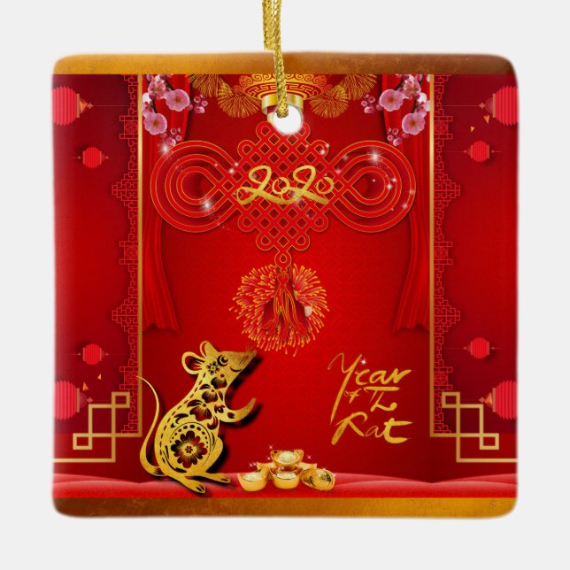 Chinese Red Knot Rat Year 2020 Square CO Ceramic Ornament (Front)