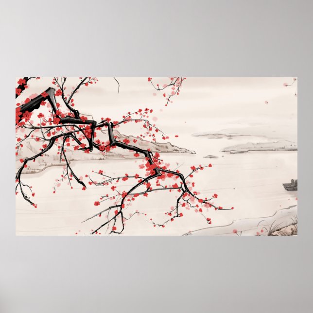 Chinese Riverside Plum Blossom Ink Painting Poster (Front)