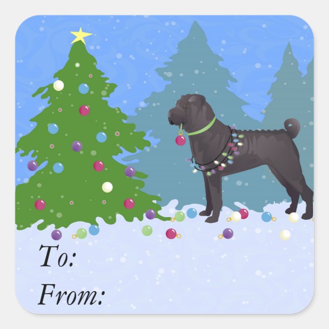 Chinese Shar-Pei Decorating Christmas Tree -forest Square Sticker (Front)