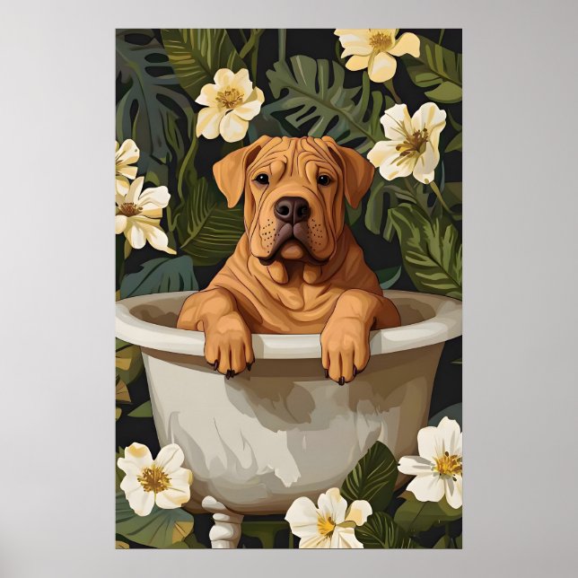 Chinese Shar Pei In Bathtub Poster, Funny Dog Poster (Front)