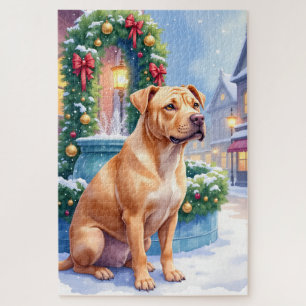 Chinese Shar-Pei Snowy Town Fountain Christmas Art Jigsaw Puzzle