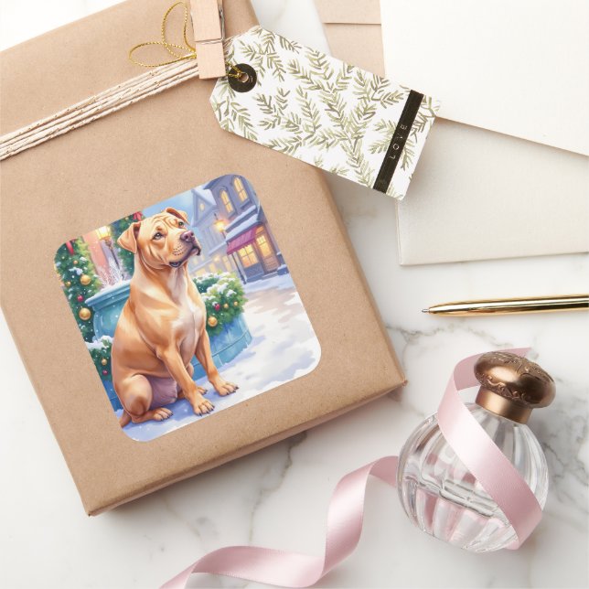 Chinese Shar-Pei Snowy Town Fountain Christmas Art Square Sticker (Gifting)