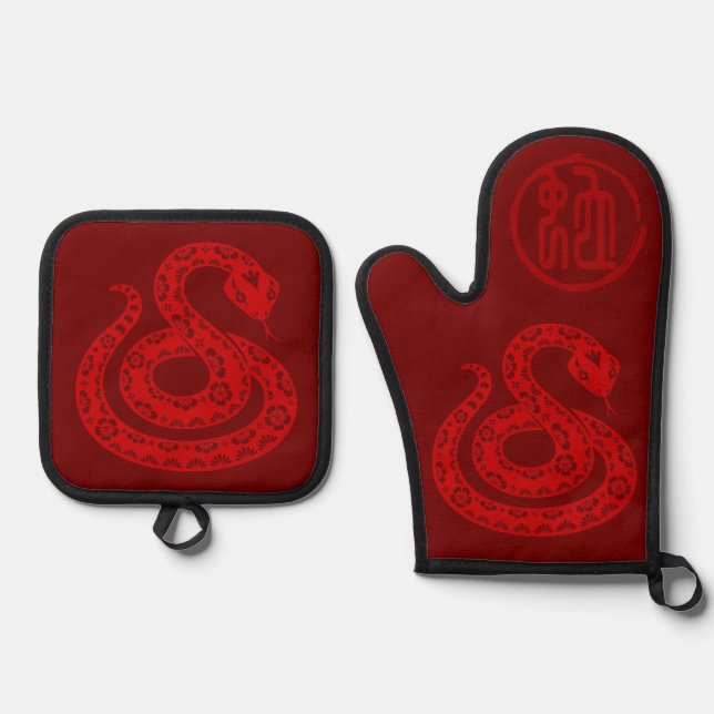 Chinese Snake Year 2025 red paper-cut style OMPH Oven Mitt & Pot Holder Set (Front)