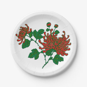 Chinese spider chrysanthemums - deep red paper plate