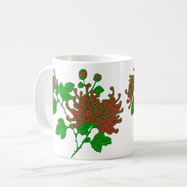 Chinese Spider Chrysanthemums in Deep Red Coffee Mug (Front Left)