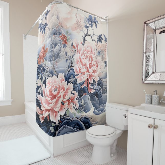 Chinese Style Peony Painting in Pink and Blue Shower Curtain (In Situ)
