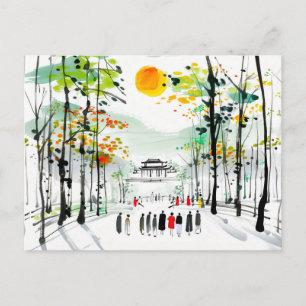 Chinese Temple Between Trees at Sunset Postcard