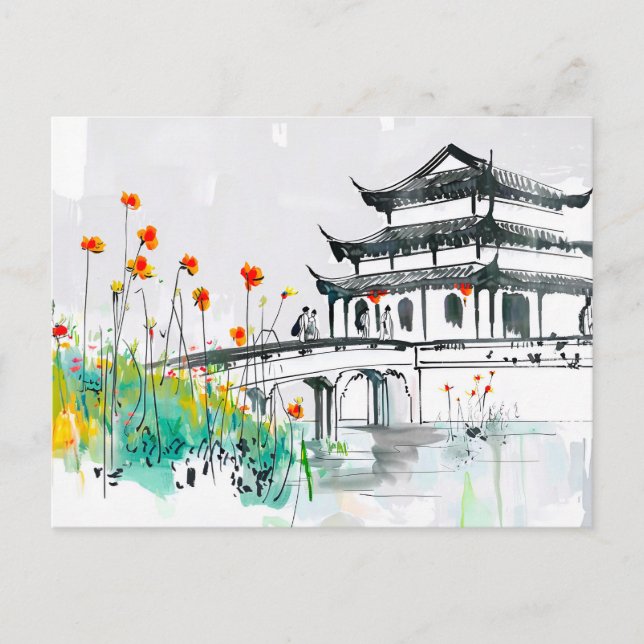 Chinese Temple by a Flowering Pond Postcard (Front)