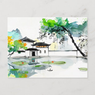 Chinese Temple by a Lotus Pond Postcard