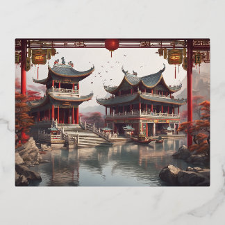 chinese temple foil holiday postcard