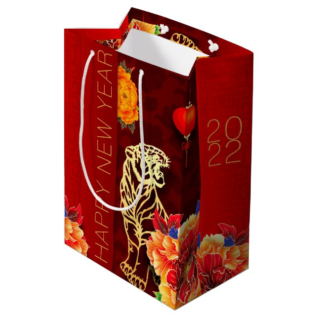 Chinese Tiger paper-cut Peonies New Year 2022 MGB1 Medium Gift Bag (Back Angled)