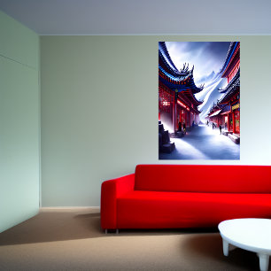 Chinese town in the snowy mountain   AI Art  Poster
