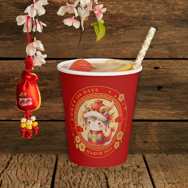 Chinese Traditional Baby 100 Days 百日 Invitation Paper Cups (Cheers to Tradition! Sip in style with our paper cups featuring vibrant Baby 100 days motifs)
