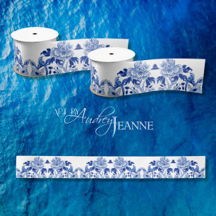 Chinese Vintage Peony Floral Bird Blue Bridal Satin Ribbon