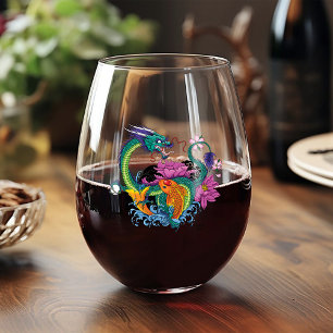 Chinese Water Dragon Koi Fish Stemless Wine Glass
