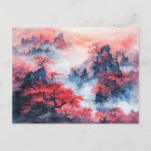 Chinese Watercolor Autumn Mountains at Sunset Postcard